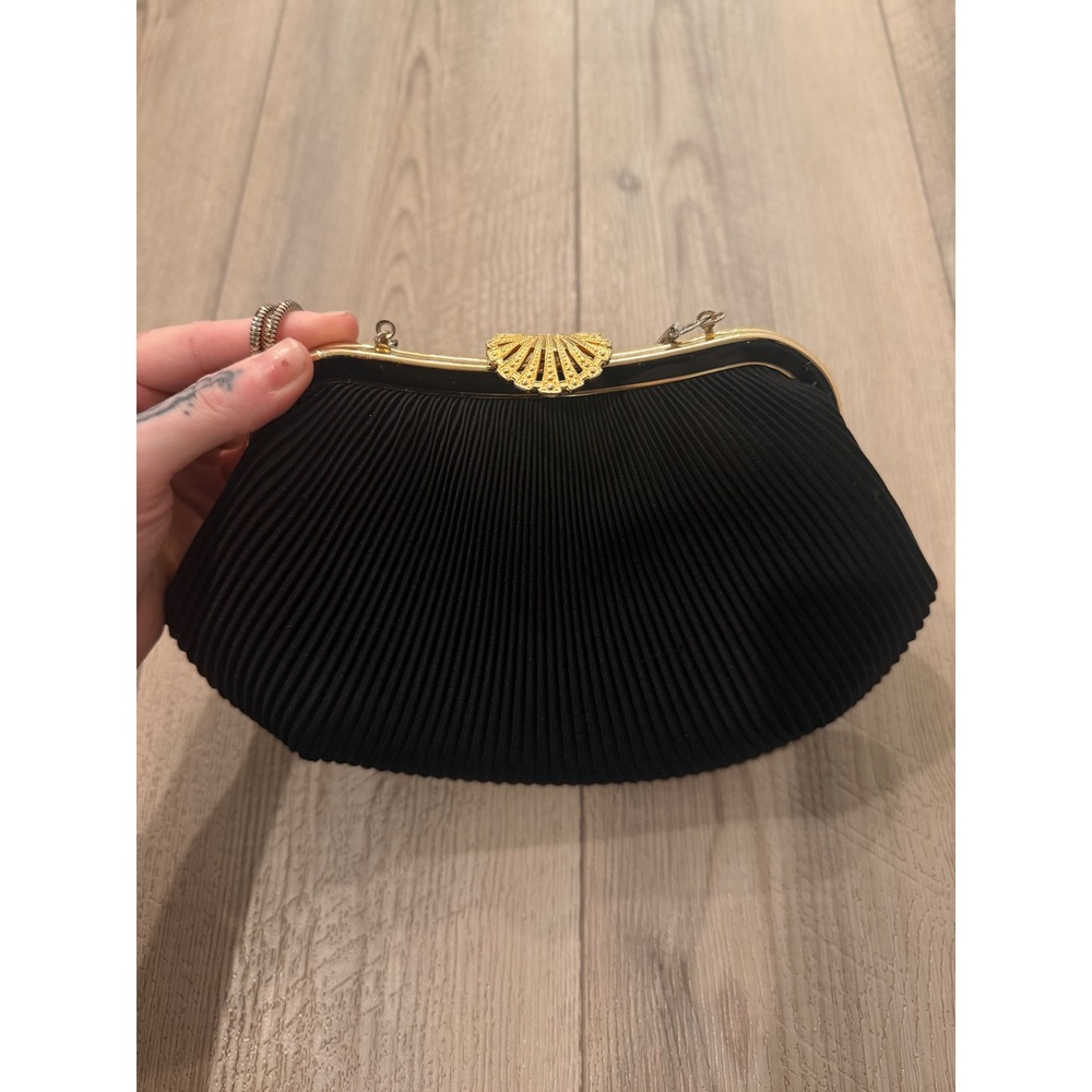 Vintage Black Pleated Evening Clutch Bag Gold Shell Clasp Snake Chain Strap